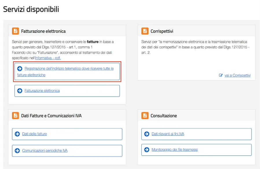 registrazione indirizzo telematico fattura elettronica