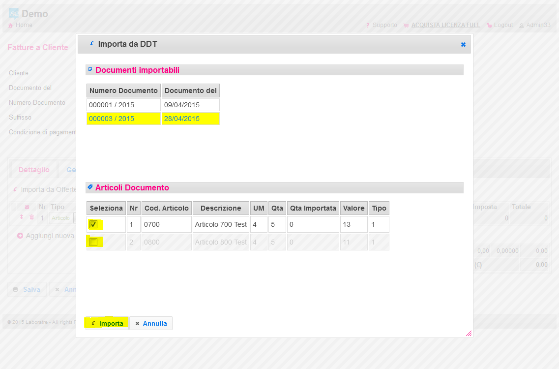 seleziona DDT da importare