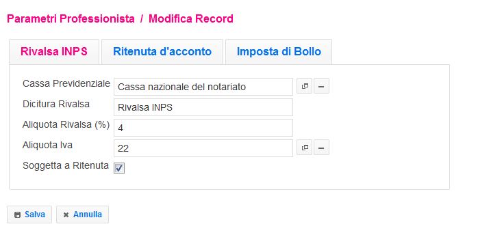 Parametri Fattura Professionisti