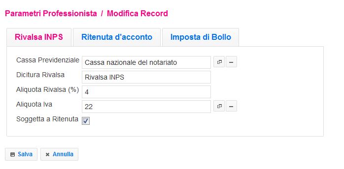 Parametri Fattura Professionisti