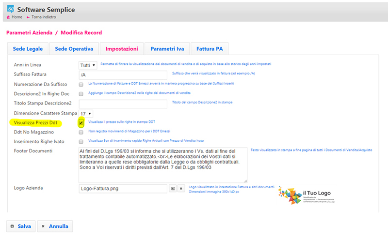 Impostazione Prezzi DDT