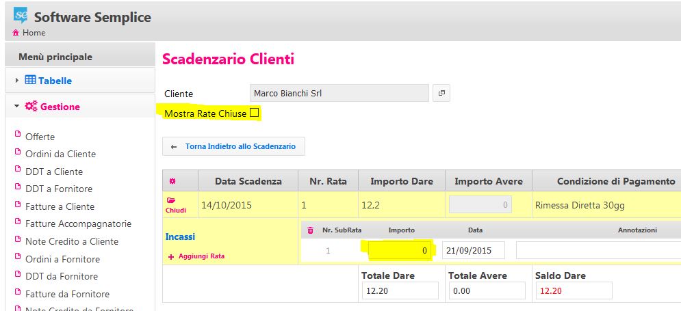 registrazione incassi in scadenze