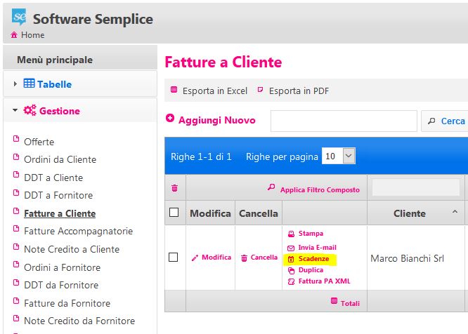 Accesso allo scadenzario dalle fatture