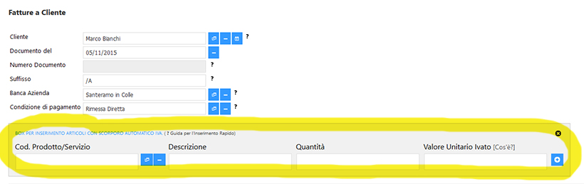 Box inserimento articoli in fattura con scorporo