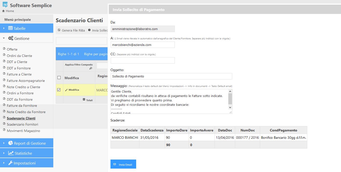 invio email di sollecito pagamento